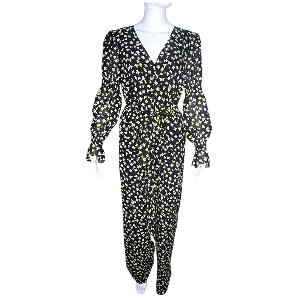MICHAEL KORS Black Yellow White Floral Chiffon Jumpsuit sz M $155